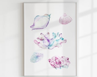 Stampe Artistiche Da Parete Con Conchiglie E Corallo, Acquerello, 40x60cm, 2 Pezzi