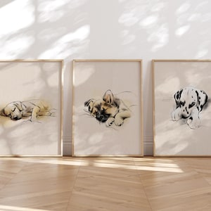 Juego de 3 láminas vintage de cachorros para habitación infantil: Labrador retriever durmiendo, boceto de dálmata, póster de cachorro de pastor alemán, decoración de pared de granja.