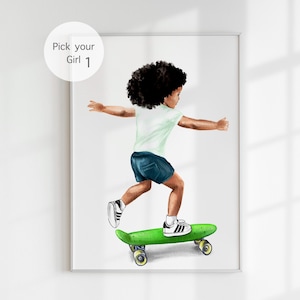 Póster personalizado de skateboarding para habitación infantil, impresión de niña patinadora, póster de skateboarding con nombre personalizado, decoración para sala de juegos, arte de alta calidad.