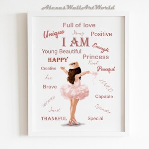 Afirmación del dormitorio de la niña imprimible, decoración de la guardería del arte de la pared de la princesa, arte de la pared de las afirmaciones positivas del nombre personalizado, cartel inspirador