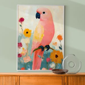 Arte de parede de papagaio para impressão, pintura a óleo suave para decoração de berçário de menina, decoração de quarto de papagaio rosa pastel, arte de parede de pássaro tropical da moda