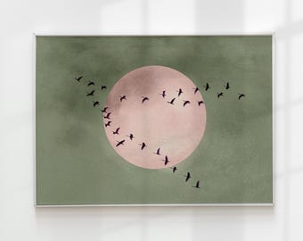 Japandi Pink Moon Print, Flock of Birds Poster, Sage Green Large Landscape, Museum-quality Paper