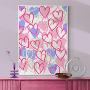 Trendy Preppy Pink Multicolour Hearts Printable Poster, Graffiti Hearts Wall Art Print, Abstract Hearts Art, Dorm College Room Girly Art