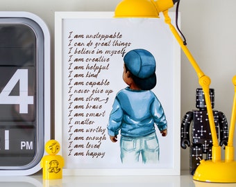 Boy Positive Affirmations Print, African American Boy Wall Art Printable, Children Empowerment, Black Boy Joy, Black Little Boy Wall Art