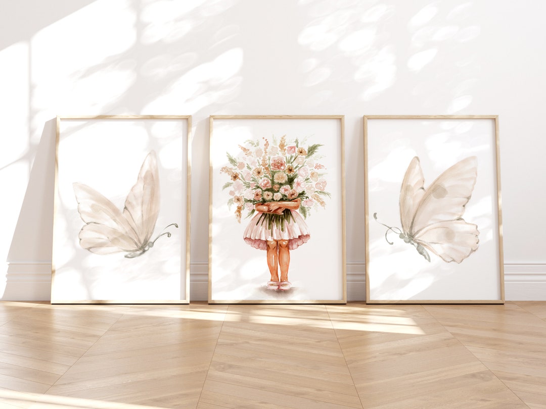 Watercolor Butterfly Wall Art Set of 3 Prints, Brown Skin Girl With ...