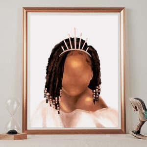 May include: A digital illustration of a young girl with brown skin and dark brown hair styled in braids with beads. She is wearing a pink crown and a white dress.