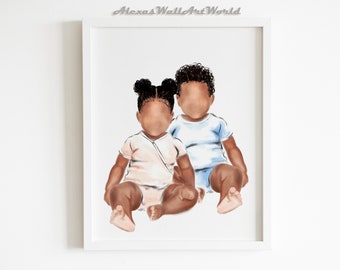 Twin Baby Gift, Personalized Name Baby Twins Gift, Twin Naming Day Present, African American Newborn, Melanin Art, Black Baby Twins