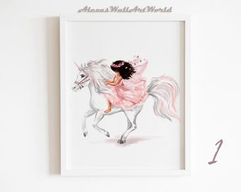 Unicorn Princess Girl Art Print, Personalized Princess Nursery Decor, Fairy Riding Horse, Museum-quality Paper