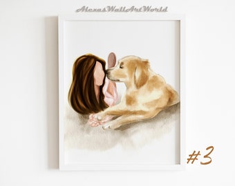Personalized  Girl and Dog Wall Art, Watercolor Golden Retriever with a Girl, Owner  Pet Print, Toddler Nursery Decor, High Quality Print