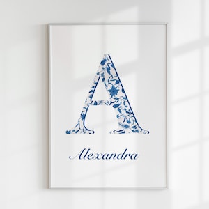 Custom Chinoiserie Letter Print, Light Blue Coastal Granddaughter Print, Coquette Decor Cowgirl Art, Delft Blue Monogram Print, Gift For Her