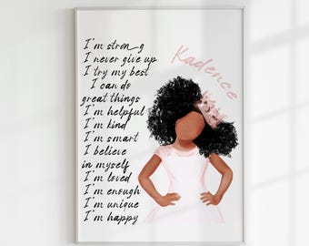 Personalized Name Toddler Room Decor, African American Girls Affirmations Print, Black Girl Magic (Digital)