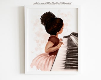 Decoración imprimible de la sala de música para niños, Niña afroamericana tocando el piano, Magia de niña negra, Arte musical, Regalo de pianista amante, Niña pianista