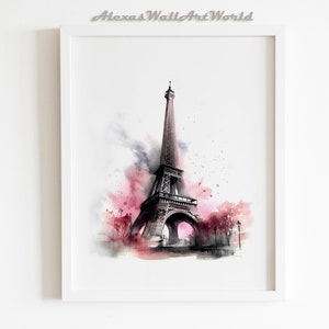 Eiffel Tower Watercolour Print, Pink Paris Print, City View of Paris, Paris France Wall Art, French Inspired Nursery Decor, DIGITAL