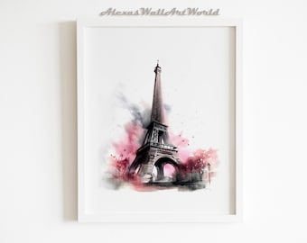 Akvarelltryck av Eiffeltornet: Rosa väggkonst i Paris (digital nedladdning)