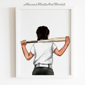 Softball Baseball Girl  Wall Art, Personalized Name Toddler Girl Print, Custom Hair and Skin Color, Sports Nursery Art, Softball Gift Idea