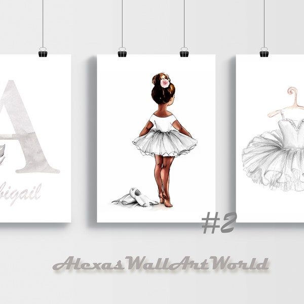 Set of 3 Prints, Ballerina Wall Art Decor, Custom Name Ballerina DIGITAL Prints, Silver Grey Ballerina Nursery Decor, Flowers and Slippers