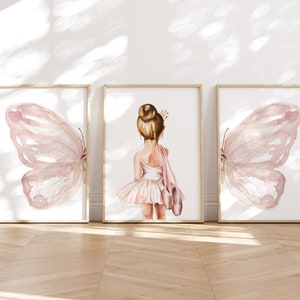 Conjunto de 3 piezas de ballet personalizadas para niña, con alas de mariposa rosa y bailarina (digital)