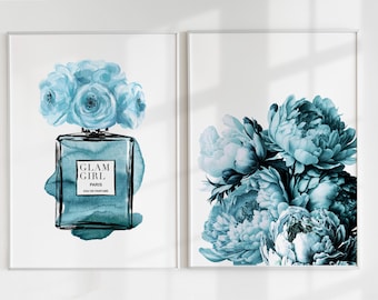 Blue glamour print set parfum en pioenrozen, fashion muurkunst (digitale download)