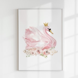 Prinzessin Schwan Kinderzimmer Druck, Blumen und Schwan Poster, Blumen Aquarell Schwan Handmalerei, Blush rosa Kinderzimmer Dekor, hochwertiger Druck
