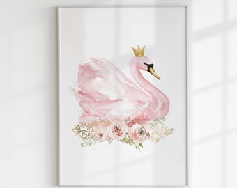 Stampa floreale ad acquerello con principessa cigno per cameretta, decorazione rosa cipria per cameretta, carta opaca di qualità museale