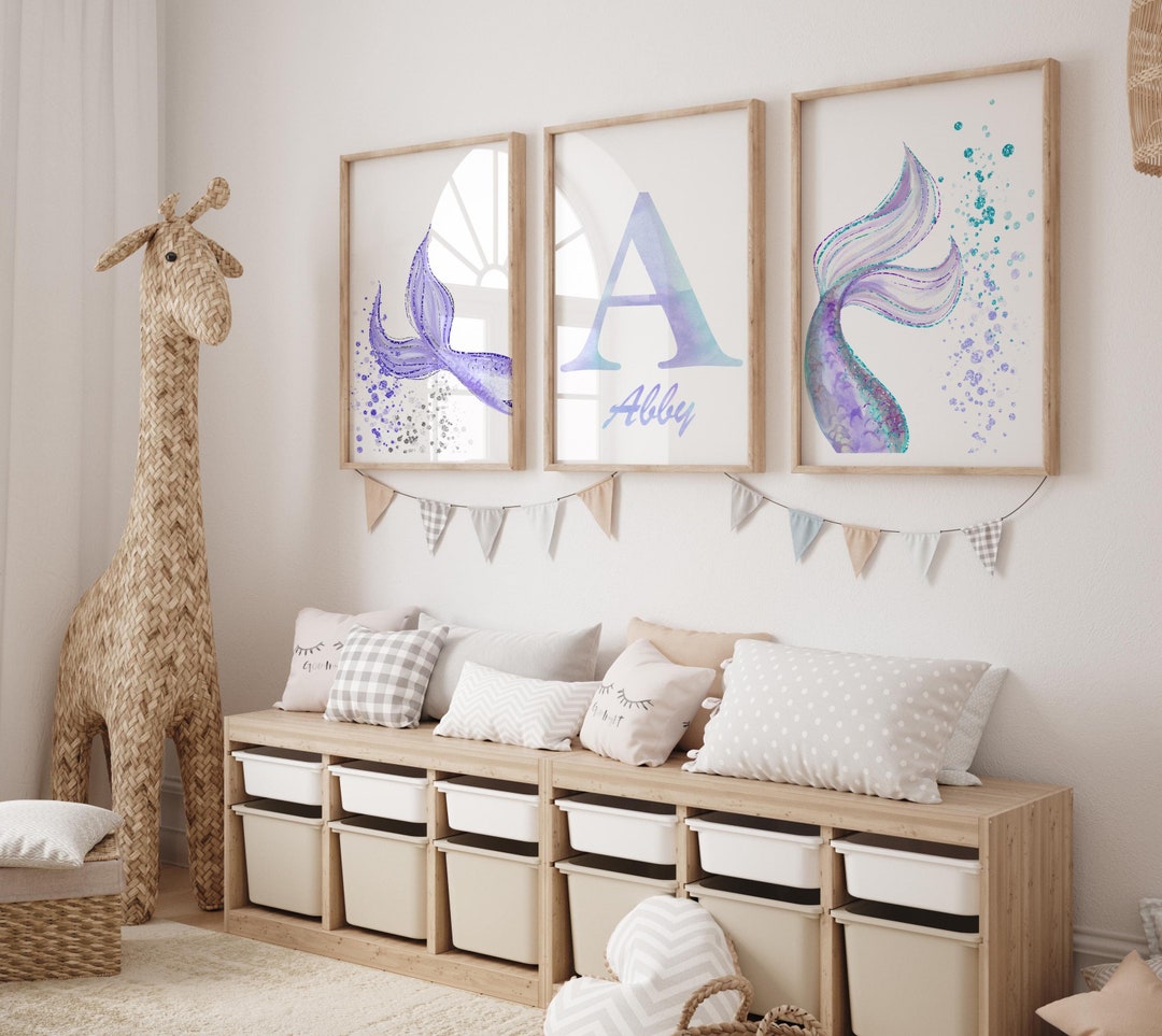 Personalized Mermaid Print Set: Watercolor Nursery Decor (digital ...