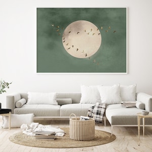 Sage Green Japandi Wall Art Print, Flock of Birds Print, Minimalist Landscape Artwork, Large Living Room Decor, Moon Poster, Oriental Art