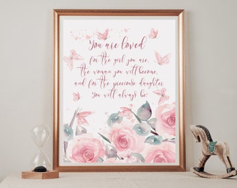 Floral Girl Nursery Print, 'You Are Loved' Poem, Scripture Wall Art  (Digital)