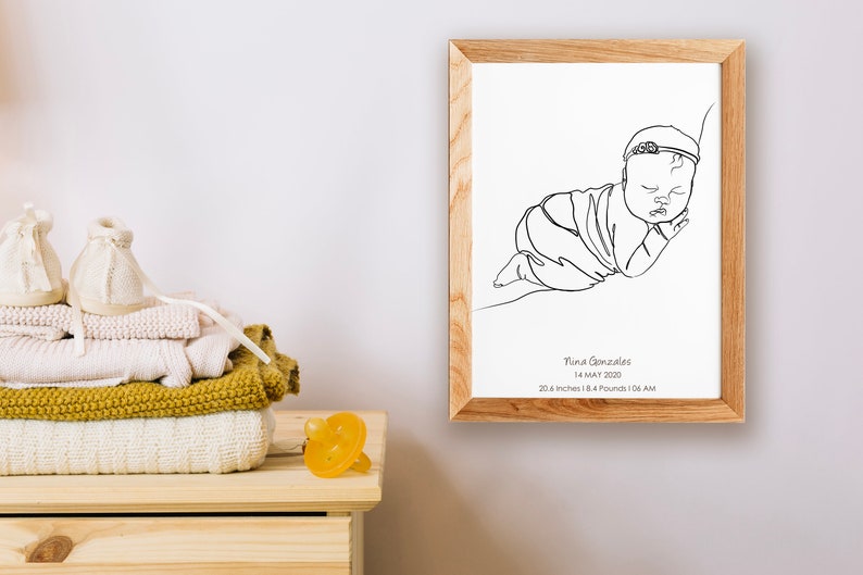 Birth Details Print PERSONALIZED BIRTH POSTER Custom Line Portrait Drawing New Parents Gift Mothers Day Gift Portrait From Photo