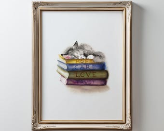 Cat Sleeping on Books Stack Poster, Positive Wall Art, Soft Watercolour Kitten Painting  (Digital)