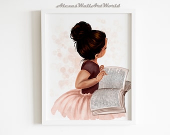 Lezen van Afro-Amerikaans meisje poster, boekenhoek muurkunst print, boekenhoek cadeau (digitaal)