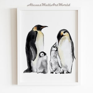 Penguin Family Wall Art Printable, Penguin Watercolor Painting, Baby Animal Print, Baby Penguin Print, Gender Neutral Baby Room Decor