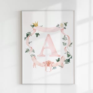 Arte de pared para guardería con monograma floral personalizado en acuarela, decoración de guardería con monograma, arte de pared para guardería personalizado, póster con letrero con nombre, impresión de letras