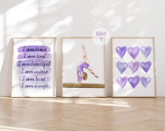Purple Personalised Gymnast Nursery Print Set, Watercolor Hearts, Affirmations Print, Sports Bedroom Decor (Digital)
