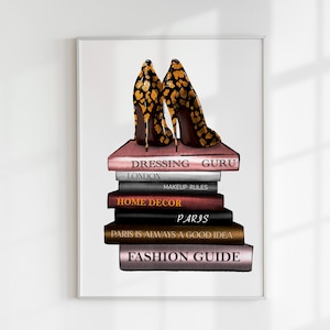Fashion Shoes Heels Print, Fashion Book Stack Art, Gift For Her, Fashion Wall Art, Leopard Print High Heels Art, Red Heels, Paris wall Art