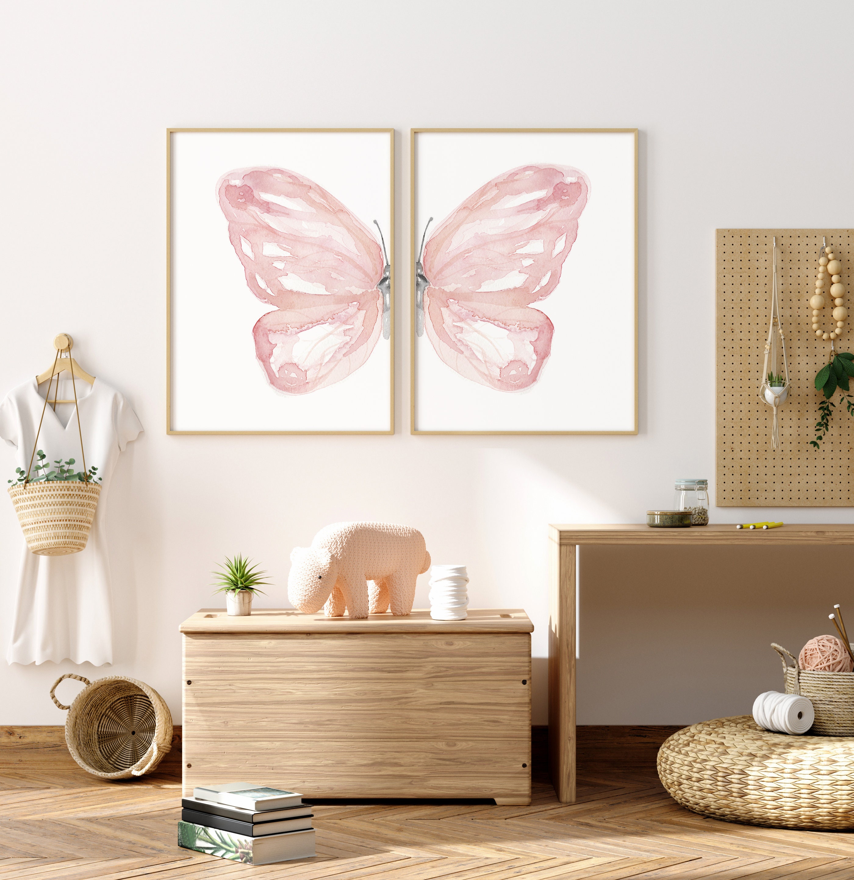 Pink Watercolor Butterfly Wall Art Set of 2, Nursery, Dorm Decor ...