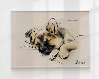 Deutscher Schäferhund Welpe Druck: Vintage Hund Zeichnung (Digitaler Download)