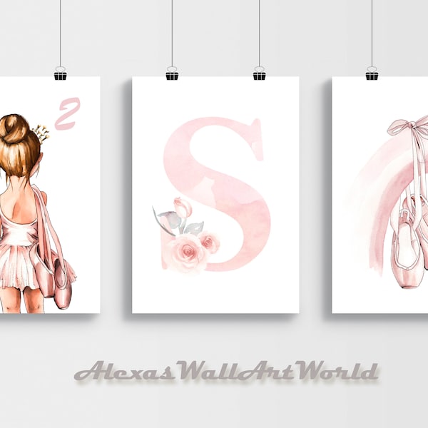 Wall Art Set of 3 Prints, Ballerina Personalized Name, Personalized Name Girls Bedroom Decor, Ballet Dancer Room, Custom Name DIGITAL Art