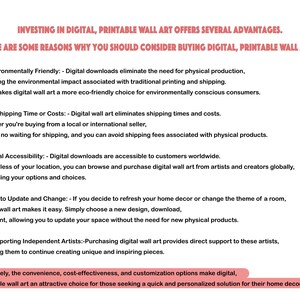 May include: An informational graphic with salmon-colored text on a white background listing five benefits of digital printable wall art: environmental friendliness, no shipping costs, global accessibility, ease of updating, and supporting independent artists.