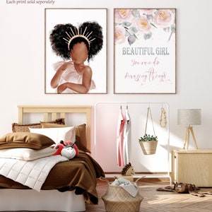 May include: Two printable wall art prints. The first print features a digital illustration of a young Black girl with a crown on her head. The second print features a watercolor floral design with the text "Beautiful Girl You can do Amazing Things".