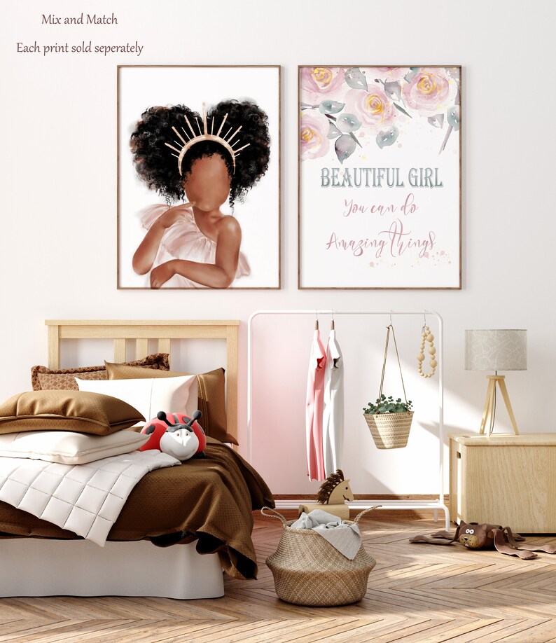 May include: Two printable wall art prints. The first print features a digital illustration of a young Black girl with a crown on her head. The second print features a watercolor floral design with the text "Beautiful Girl You can do Amazing Things".