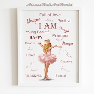 Decoración de la guardería de la princesa bailarina, afirmación del dormitorio de la niña imprimible, afirmaciones positivas del nombre personalizado, cartel DIGITAL inspirador