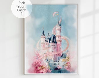 Watercolor Magic Castle Print, Princess Temple : Pink & Blue Nursery Wall Art (Digital Download)