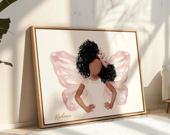Butterfly Wings African American Fairy Girl Print Custom Name Black Princess with Natural Hair Nursery Wall Art Digital Download