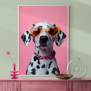 Colourful Nursery Puppy Decor, Puppy in Pink Heart Glasses Print, Puppy Wall Art, Fun Kid&#39;s Room Decor, Eclectic Playroom Dog Print