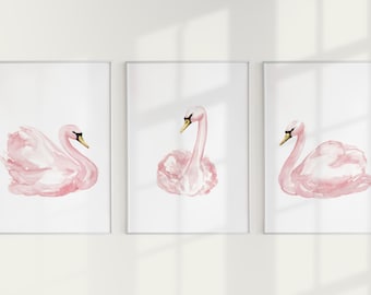3 Schwan Kinderzimmer Drucke Set: Watercolor Blush Pink Swan Art