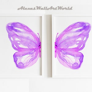 Watercolor Butterfly Wall Art Set og 2 Prints, Nursery Decor Girl, Girls Bedroom Wall Art, Purple Butterfly, Butterfly Ornament Farmhouse