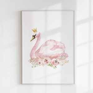 Prinzessin Schwan Kinderzimmer Druck, Blumen und Schwan Poster, Blumen Aquarell Schwan Handmalerei, Blush rosa Kinderzimmer Dekor, hochwertiger Druck