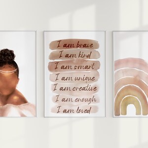 Set di 3 stampe per la cameretta dei bambini Boho Girl, affermazioni positive quotidiane, affermazioni da principessa, arte murale astratta arcobaleno, stampa di alta qualità