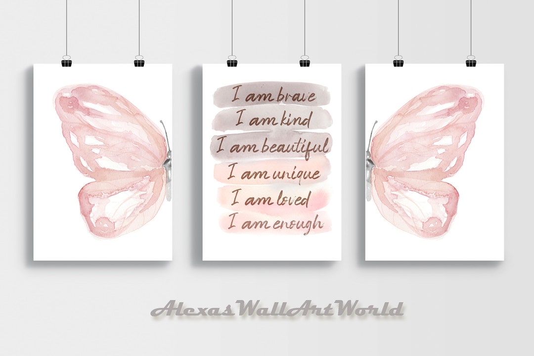 Positive Affirmation Set of 3 Prints, Watercolor Butterfly Wings Wall Art, Personalized Name Affirmation, Blush Pink Bedroom, DIGITAL Art