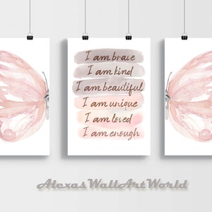 Positive Affirmation Set of 3 Prints, Watercolor Butterfly Wings Wall Art, Personalized Name Affirmation, Blush Pink Bedroom, DIGITAL Art